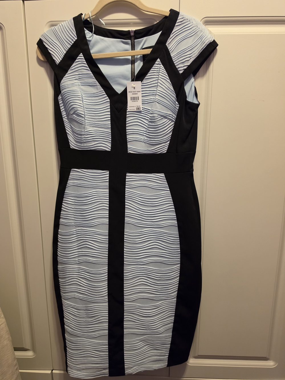 Jax Light Blue and Black Paneled Midi Sheath Dress